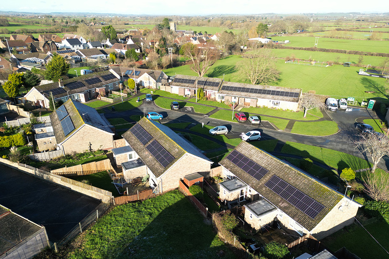 Aerial view of an estate after solar retrofit works