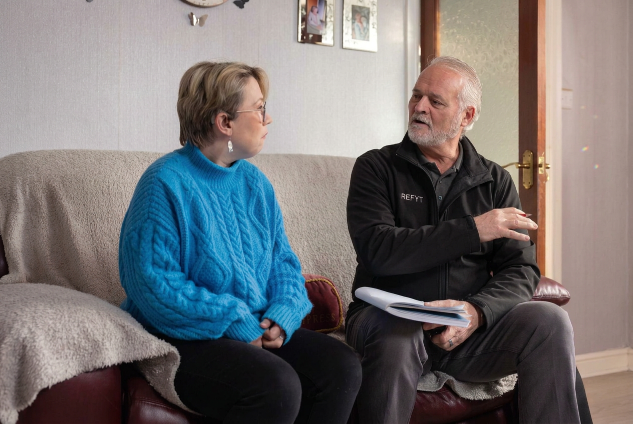 A REFYT representative discussing planned improvements with a resident